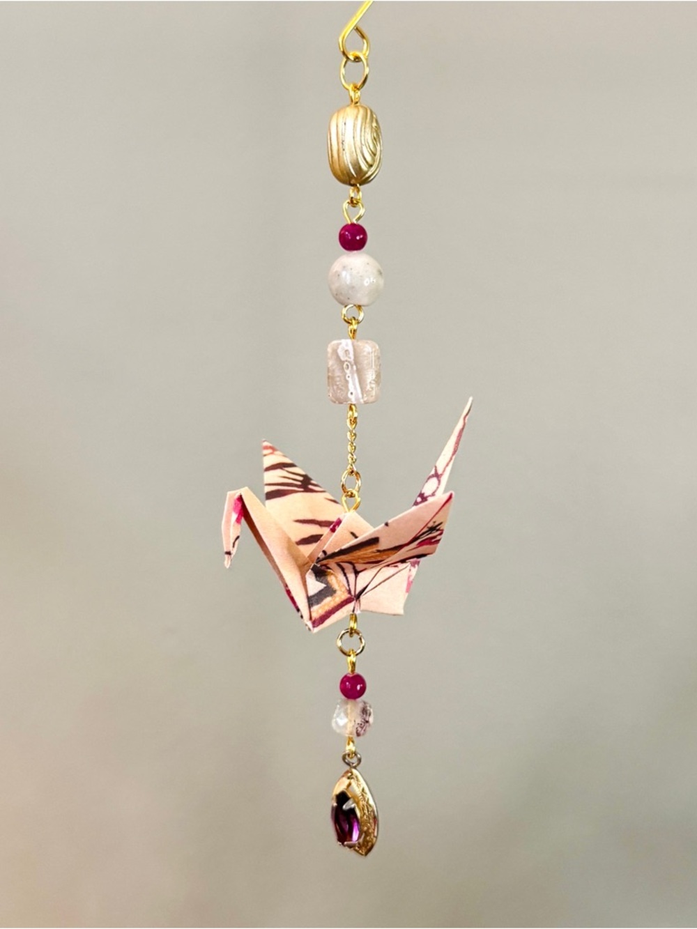 Origami Ornament #2479 - Small Crane with Repurposed Purple Pendant